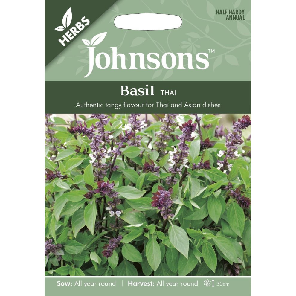 Green and purple basil plants on a seed packet, featuring the Johnsons logo, with text highlighting "Basil Thai," sowing and harvesting details, and a half hardy annual label.