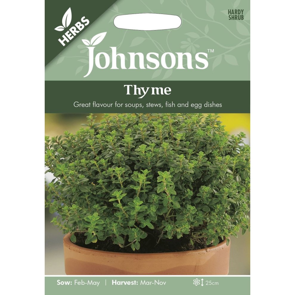 Green packaging featuring the Johnsons logo, with a picture of a thriving thyme plant in a terracotta pot, and text highlighting its culinary uses and sowing details.