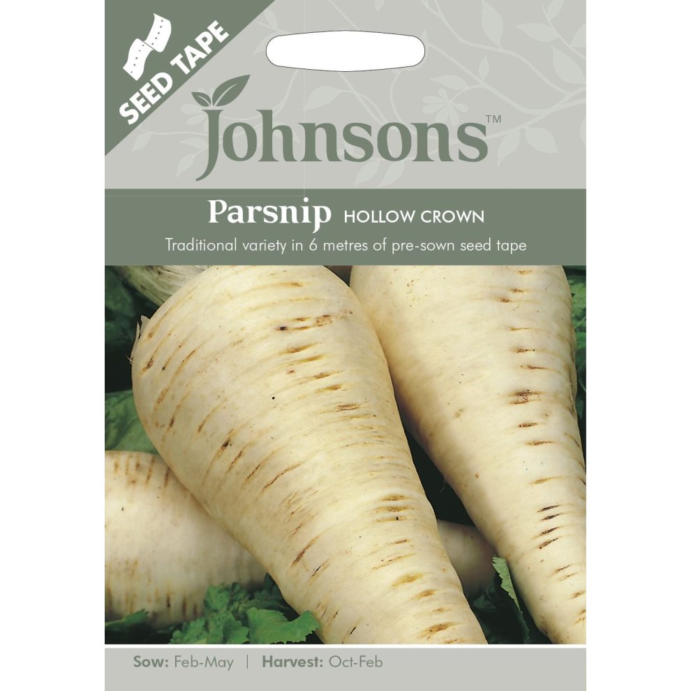 Pictorial seed pack featuring Johnsons Seeds logo, showcasing two white parsnips on a green leafy background, labeled "Parsnip Hollow Crown" with sowing and harvesting details.