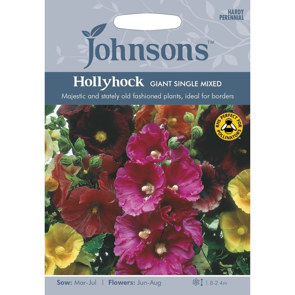 Johnsons Seeds Pictorial Pack featuring Hollyhock Giant Single Mixed, showcasing vibrant flowers in various colors, with sowing and flowering details on a light blue background.