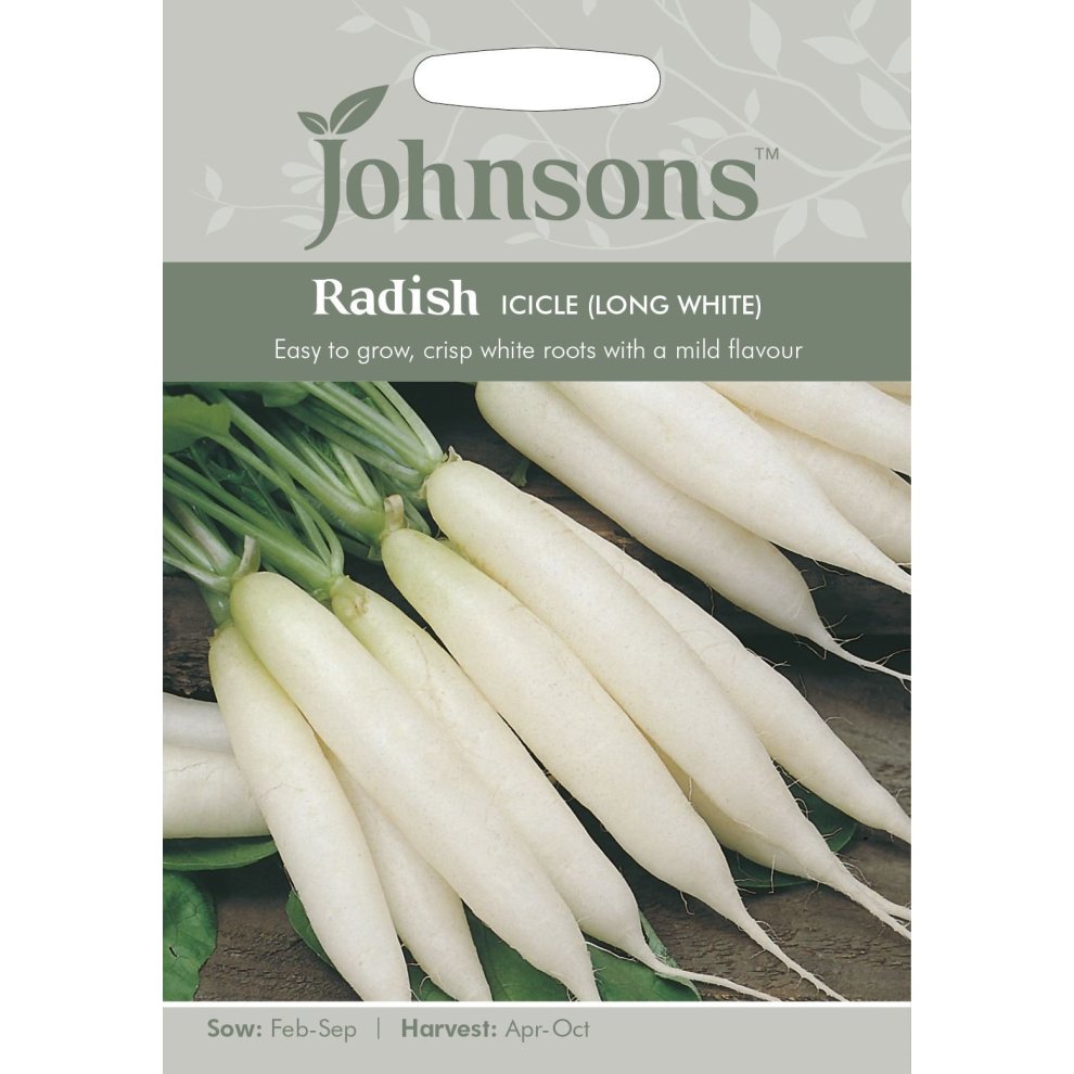 Pictorial seed packet featuring long white radishes with green tops, labeled "Radish Icicle (Long White)" by Johnsons Seeds, with sowing and harvesting details.