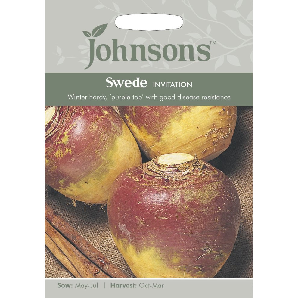 Pictorial seed packet featuring three swede vegetables with purple tops and yellow bottoms, labeled "Swede Invitation" by Johnsons Seeds, with sowing and harvesting details.