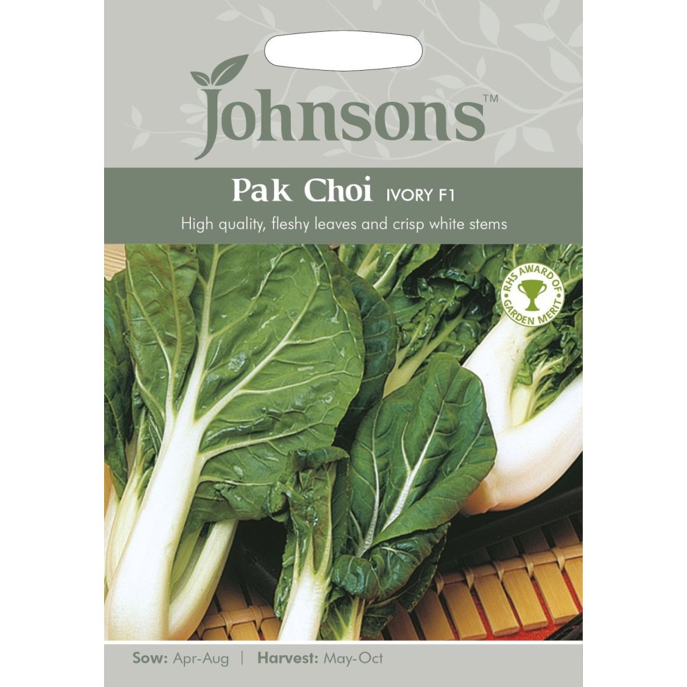 Johnson's Seeds Pictorial Pack for Pak Choi Ivory F1 features a green and white design, showcasing fresh, leafy vegetables with crisp white stems, labeled with sowing and harvesting details.