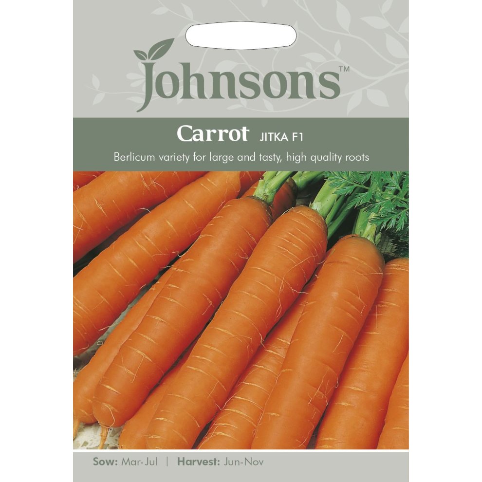 Pictorial seed pack featuring bright orange carrots, labeled "Carrot Jitka F1," with sowing and harvesting details, against a light grey background.
