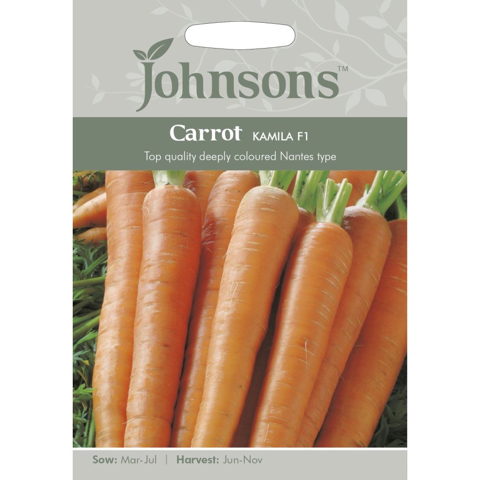 Pictorial seed pack featuring vibrant orange carrots, labeled "Carrot Kamila F1," with sowing and harvesting details, set against a light gray background.