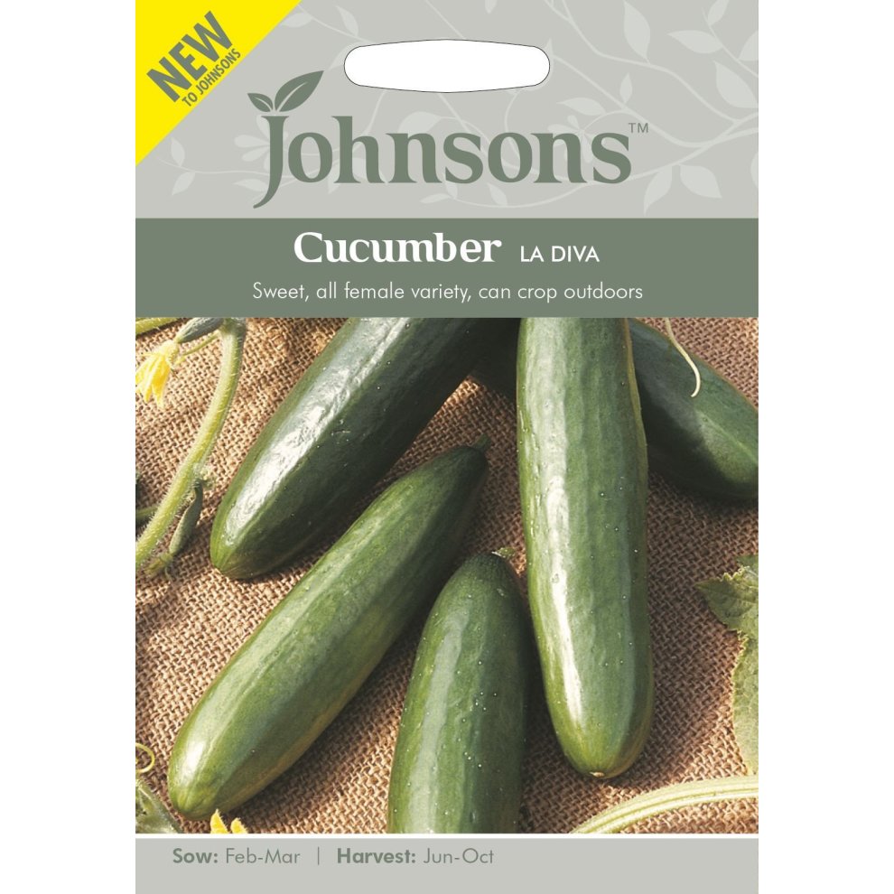 Johnson's Seeds Pictorial Pack for Cucumber La Diva featuring a green and white design, showcasing five glossy cucumbers on a textured background, with sowing and harvesting details.