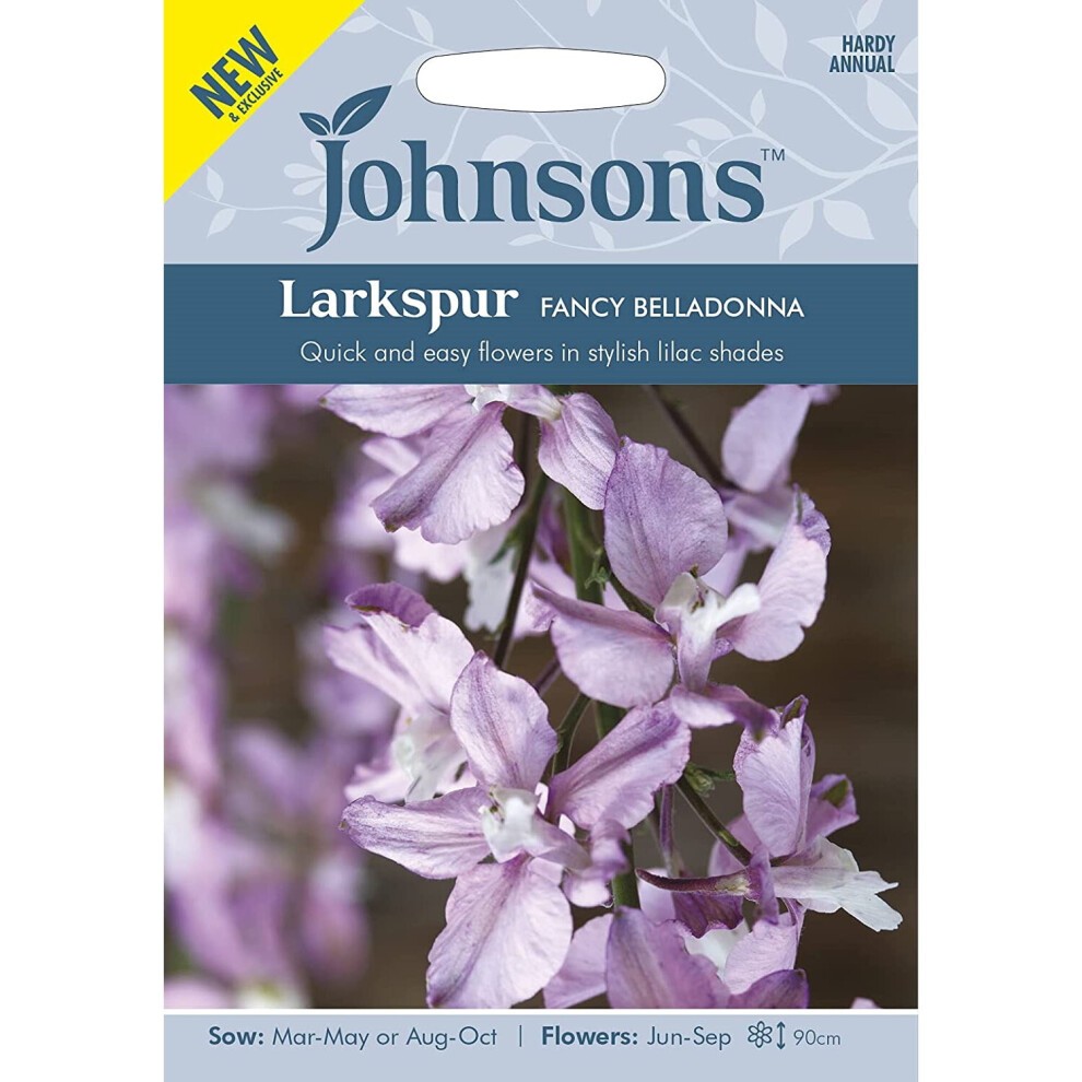 Packaged flower seeds featuring lilac Larkspur Fancy Belladonna plants, with a floral design and clear planting instructions, labeled as a hardy annual by Johnsons Seeds.