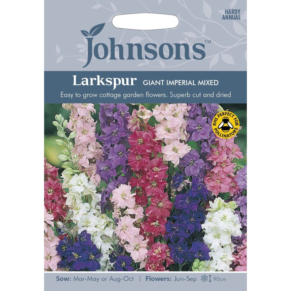 Pictorial seed packet featuring Johnsons Seeds branding, showcasing colorful Larkspur flowers in pink, purple, and white, with sowing and flowering details listed.
