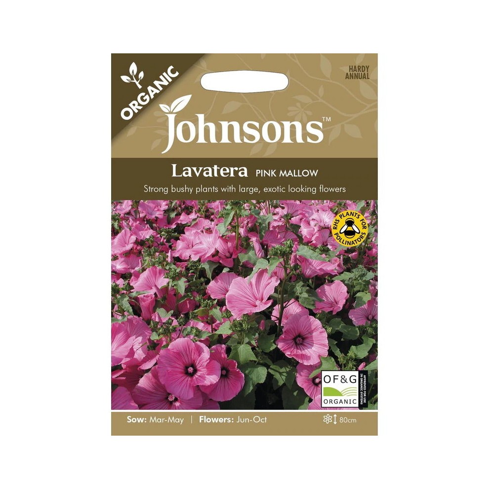 Packaged seeds for Lavatera Pink Mallow by Johnsons, featuring a vibrant pink flower design, organic label, and details on sowing and flowering times.