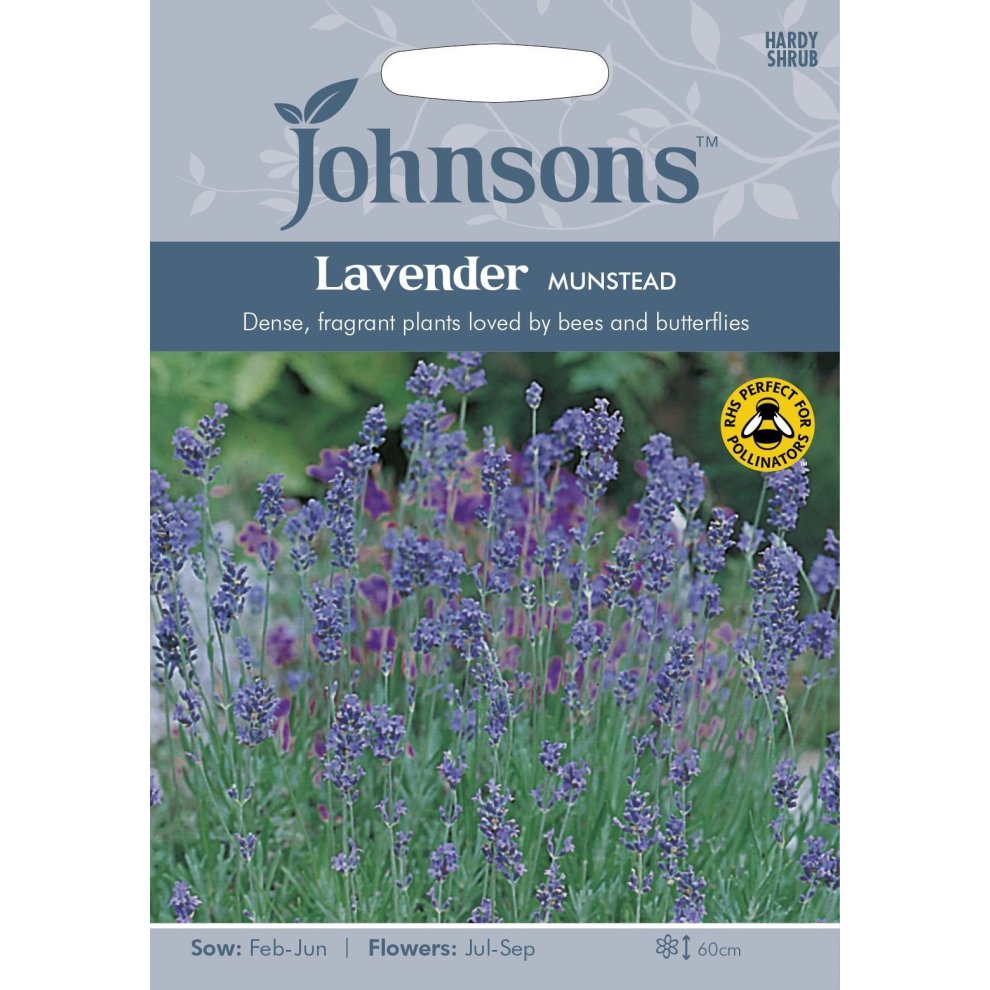 Pictorial seed pack featuring Johnsons branding, showcasing lavender flowers in shades of purple, with details on sowing and flowering times, and a pollinator-friendly label.