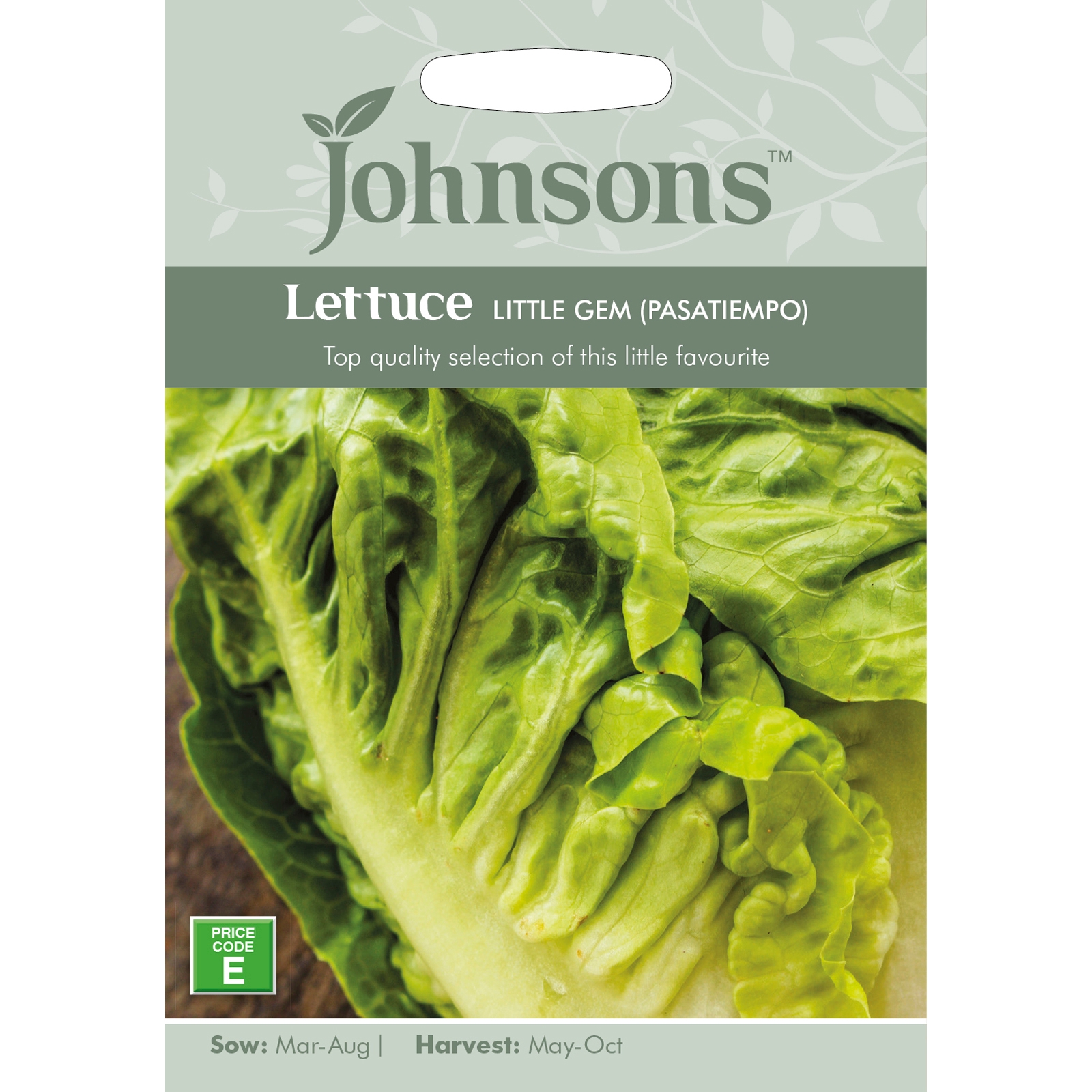 Green lettuce seeds package featuring "Little Gem Pasatiempo" variety, with vibrant romaine leaves and details on sowing and harvesting times.