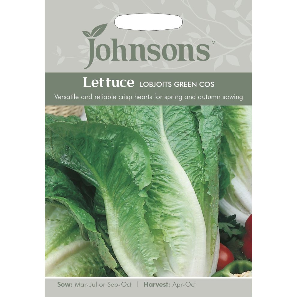Pictorial seed pack featuring vibrant green lettuce leaves, labeled "Lobjoits Green Cos," with sowing and harvesting details, set against a light gray background.