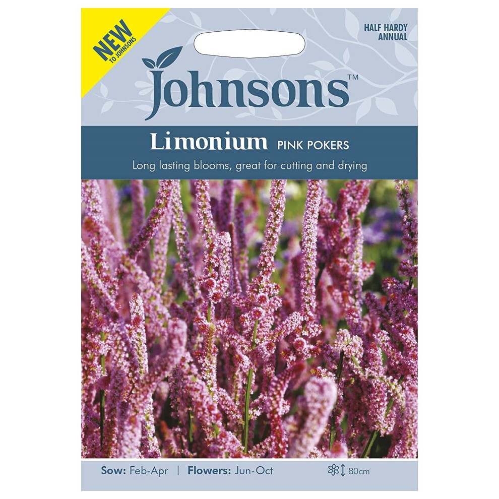 Bright pink Limonium Pink Pokers flower seed packet by Johnsons, featuring a vibrant floral design, details on planting, and information on blooming season.