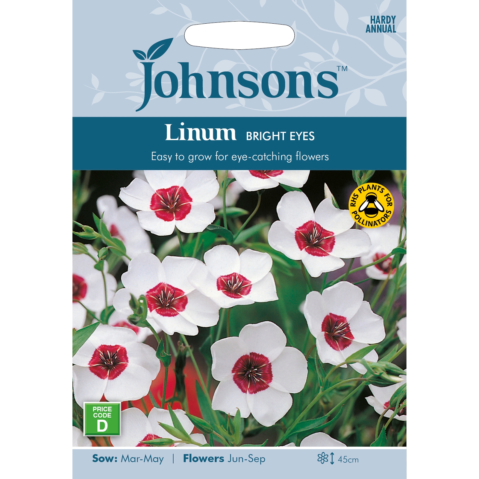 Seed packet featuring Johnsons branding, with a vibrant image of white flowers with red centers, and details on sowing and flowering times.