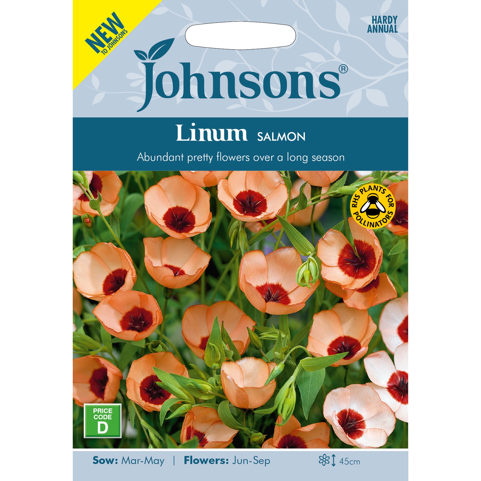 Bright packet of Johnsons Linum Salmon flower seeds featuring orange and pink flax flowers, with details on sowing and flowering seasons, and a pollinator-friendly badge.