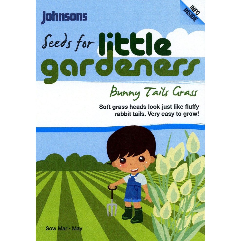 Brightly colored seed packet featuring a cartoon boy with a trowel, surrounded by green grass and fluffy bunny tail illustrations, labeled "Bunny Tails Grass" for easy gardening.
