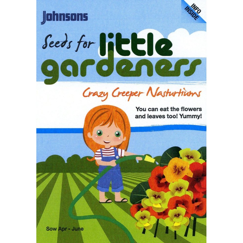 Brightly colored seed packet featuring a cartoon child with red hair, promoting Crazy Creeper Nasturtiums, with vibrant flowers illustrated and text highlighting edible features.