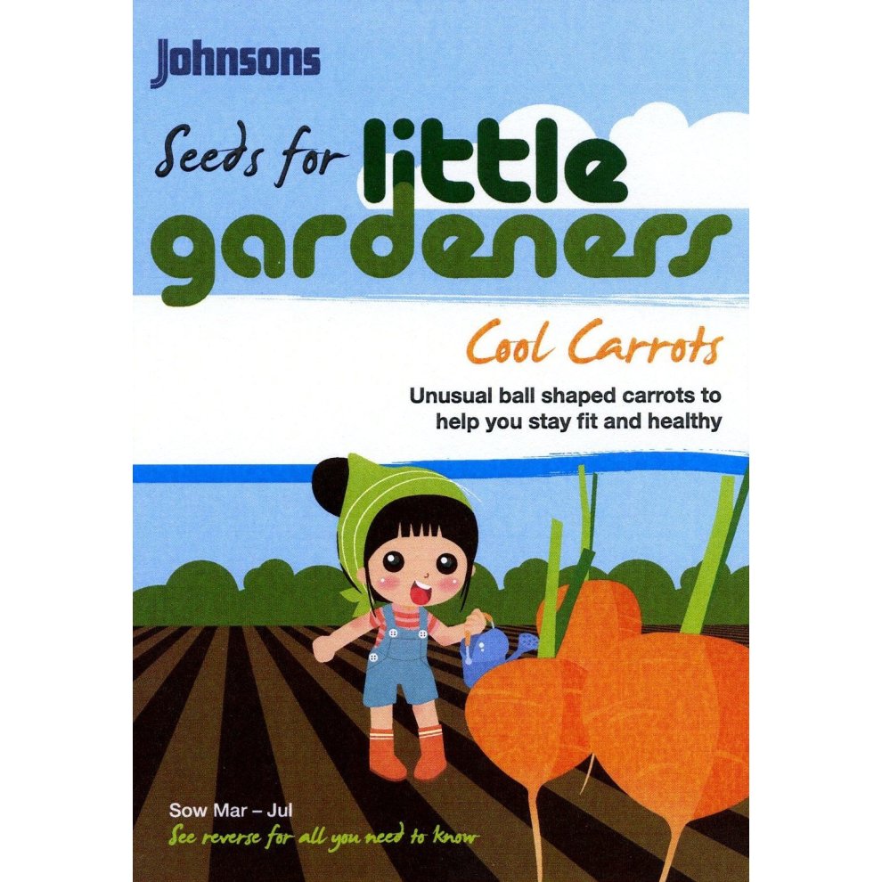 Brightly colored seed packet featuring a cartoon child and large orange carrots, labeled "Little Gardeners - Mini Basket Ball Carrots," with sowing instructions and branding at the top.