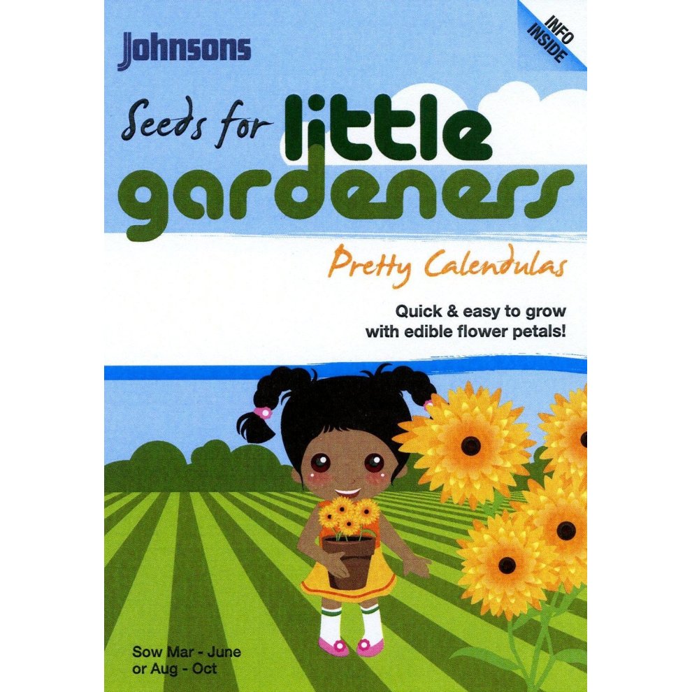 Brightly colored seed packet featuring a cartoon girl with dark hair holding yellow flowers, labeled "Pretty Calendulas," with sowing instructions and branding from Johnsons Seeds.