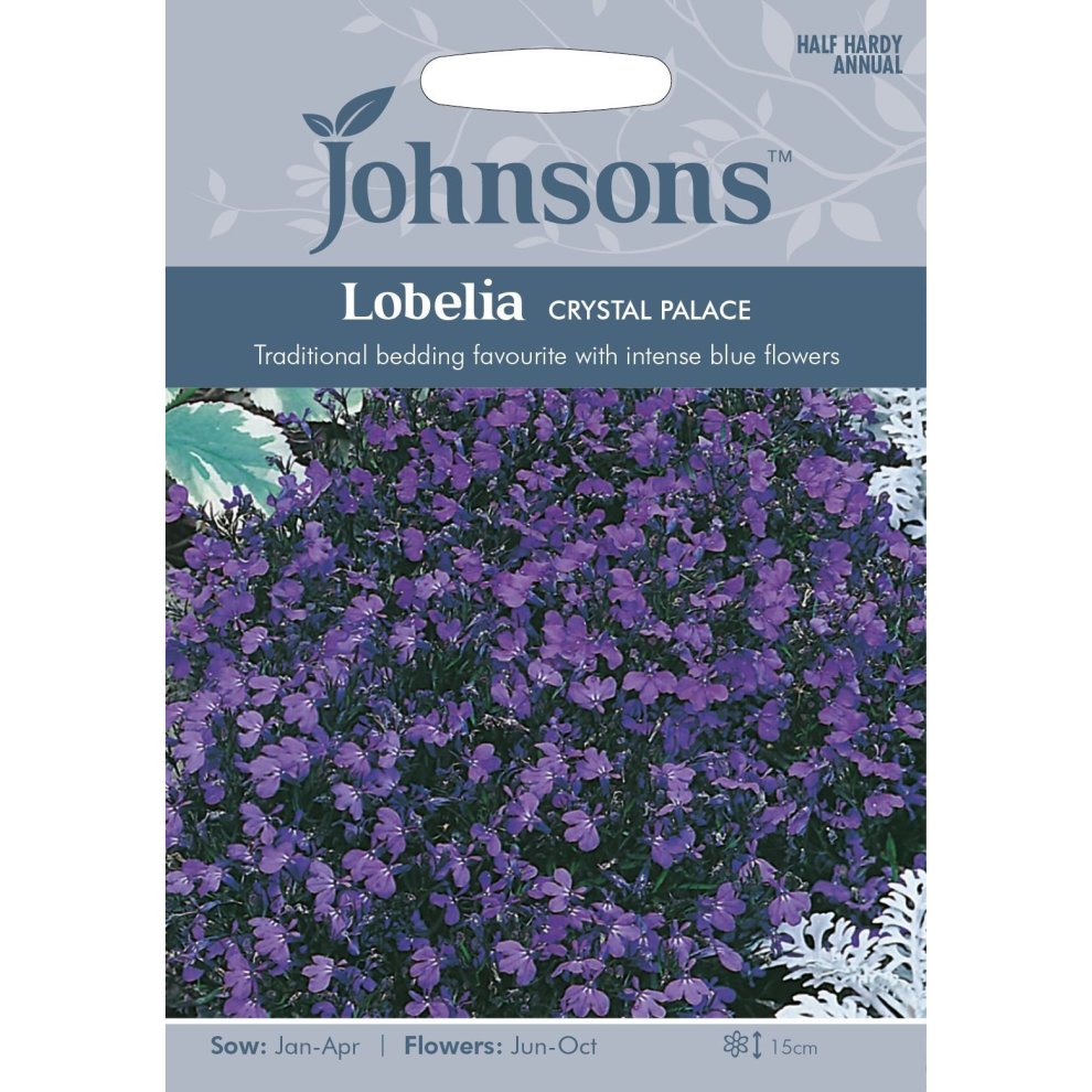 Pictorial seed pack featuring vibrant blue Lobelia Crystal Palace flowers, with planting instructions and branding from Johnsons Seeds, set against a light grey background.