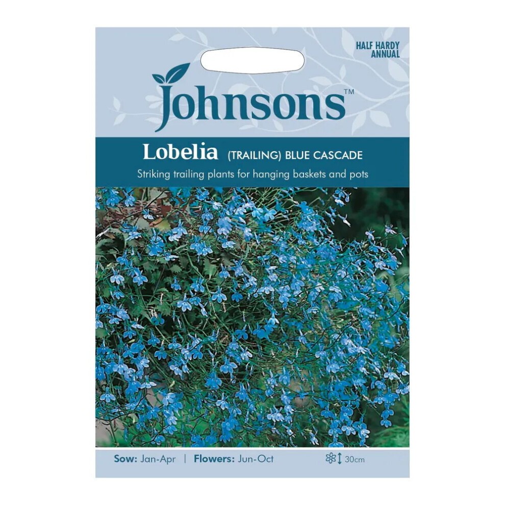 Johnsons Easy Grow Your Own Lobelia (Trailing) Blue Cascade Seeds packet featuring a blue floral design with a white background, highlighting the plant's growth details and sowing instructions.