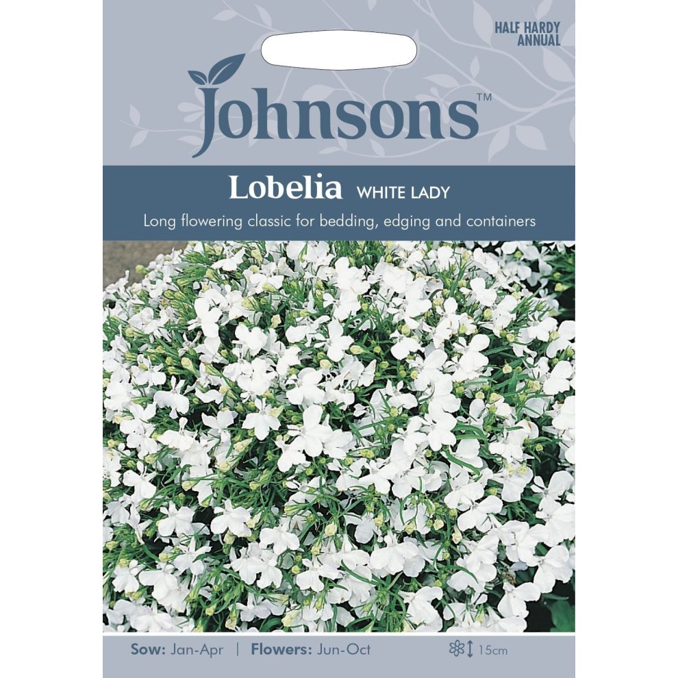 Packaged seed packet featuring Johnsons Seeds branding, showcasing Lobelia White Lady with a white flower illustration, details on sowing and flowering times, and a grey background.