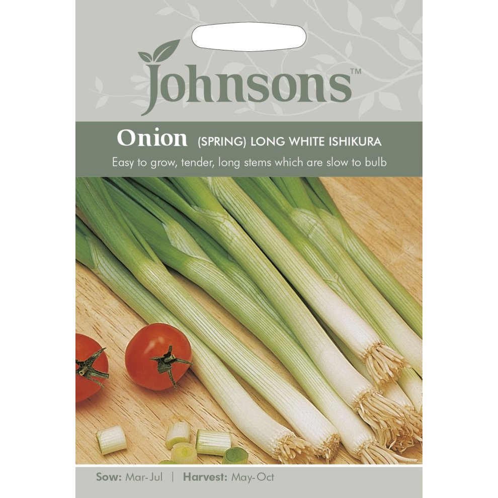 Pictorial seed pack featuring long white Ishikura onions with green stems and red tomatoes, labeled "Johnsons Onion (Spring) Long White Ishikura," with sowing and harvesting details.
