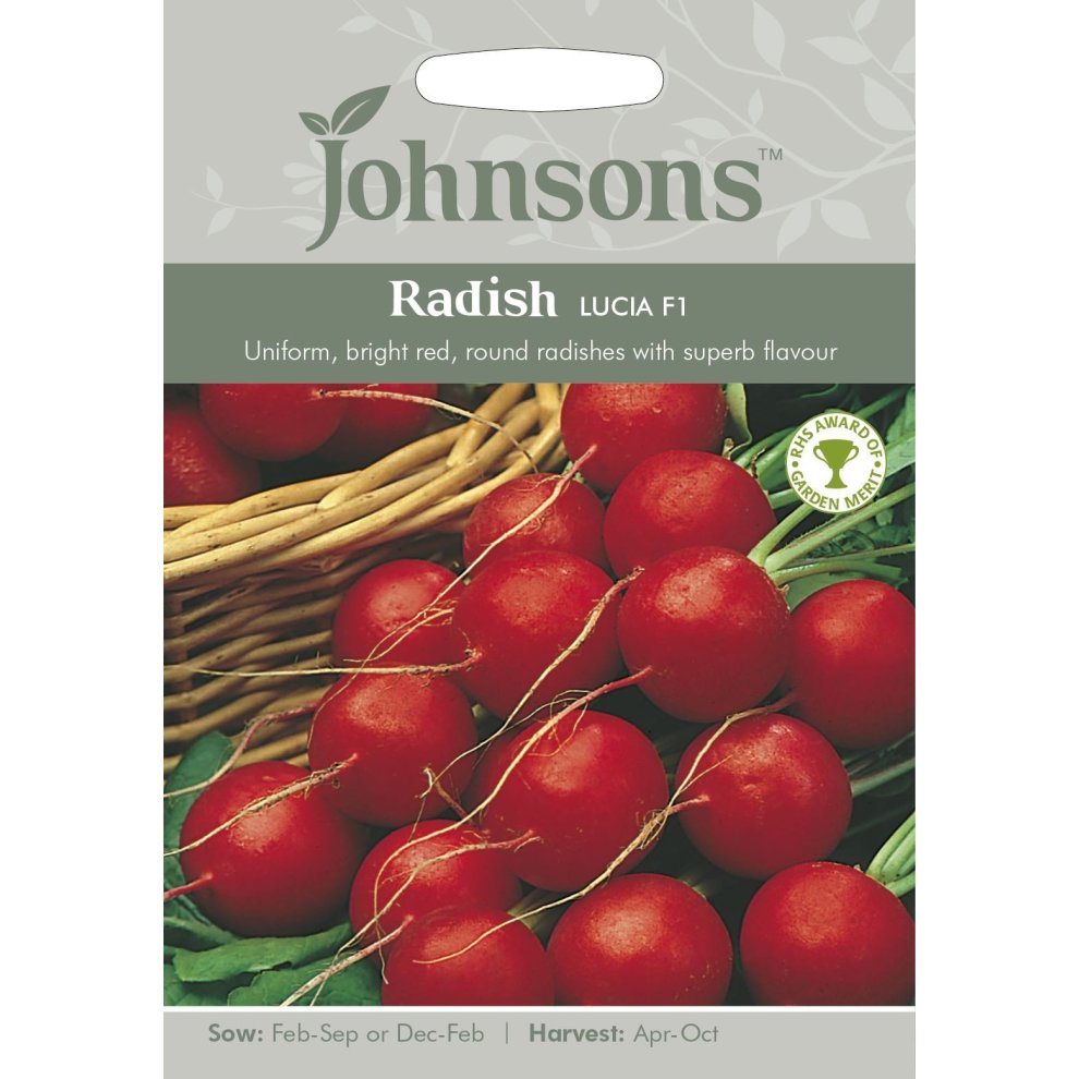 Bright red round radishes are displayed on a seed packet labeled "Johnsons Radish Seeds - Lucia," featuring a woven basket and details about sowing and harvesting times.