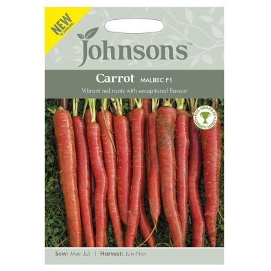 Brightly colored seed packet featuring "Johnsons Carrot Malbec F1," showcasing vibrant red carrots with a green background and text highlighting exceptional flavor and sowing details.
