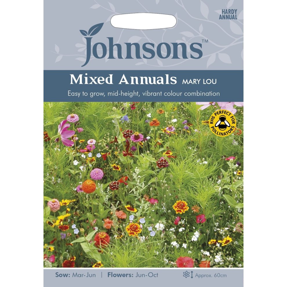 Johnsons Seeds Pictorial Pack featuring vibrant mixed annual flowers, showcasing various colors like pink, yellow, and orange, with a clear sowing and flowering guide.