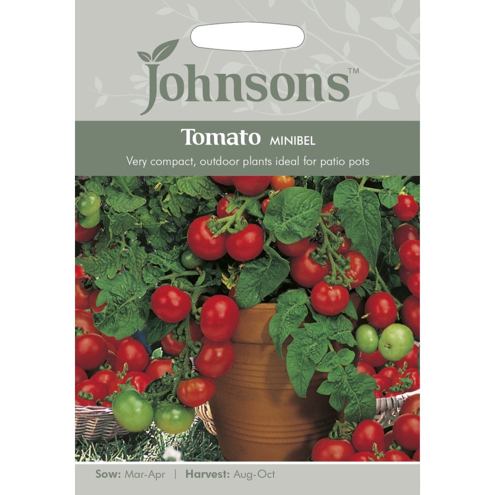 Packaged seeds for Tomato Minibel by Johnsons Seeds, featuring vibrant red and green tomatoes on a plant, with sowing and harvesting details on a light grey background.