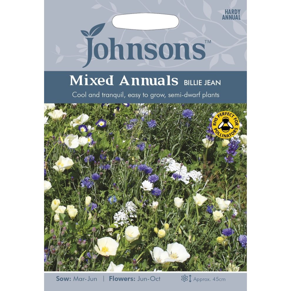 Pictorial seed packet featuring "Mixed Annuals Billie Jean" by Johnsons Seeds, showcasing a colorful mix of flowers with white, blue, and purple blooms, labeled with sowing and flowering details.