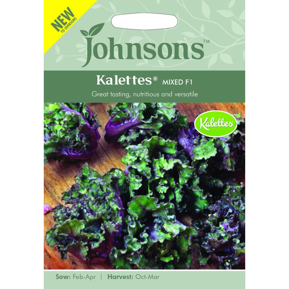 Seed packet for Johnsons Kalettes Mixed F1, featuring vibrant green and purple curly leaves, with a green background and text highlighting sowing and harvesting details.