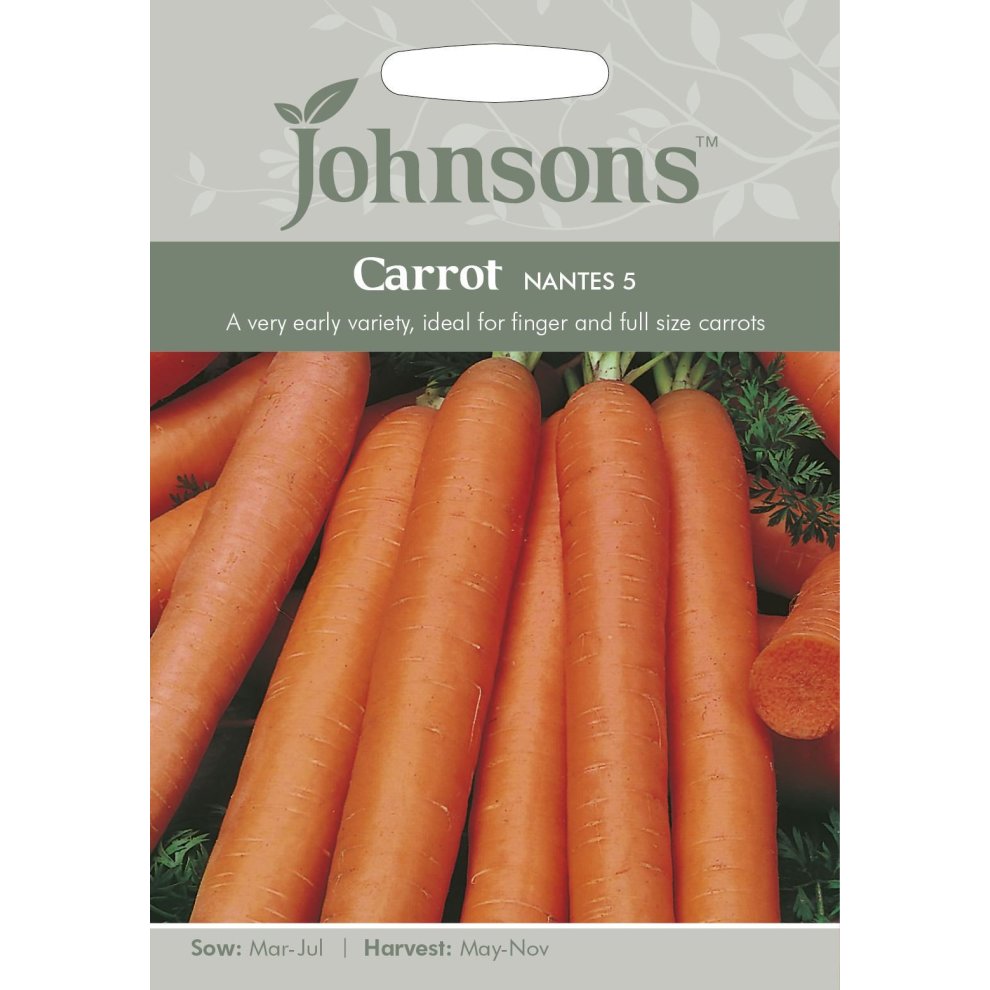 Pictorial seed packet featuring bright orange carrots with green tops, labeled "Johnsons Carrot Nantes 5," detailing sowing and harvesting times.