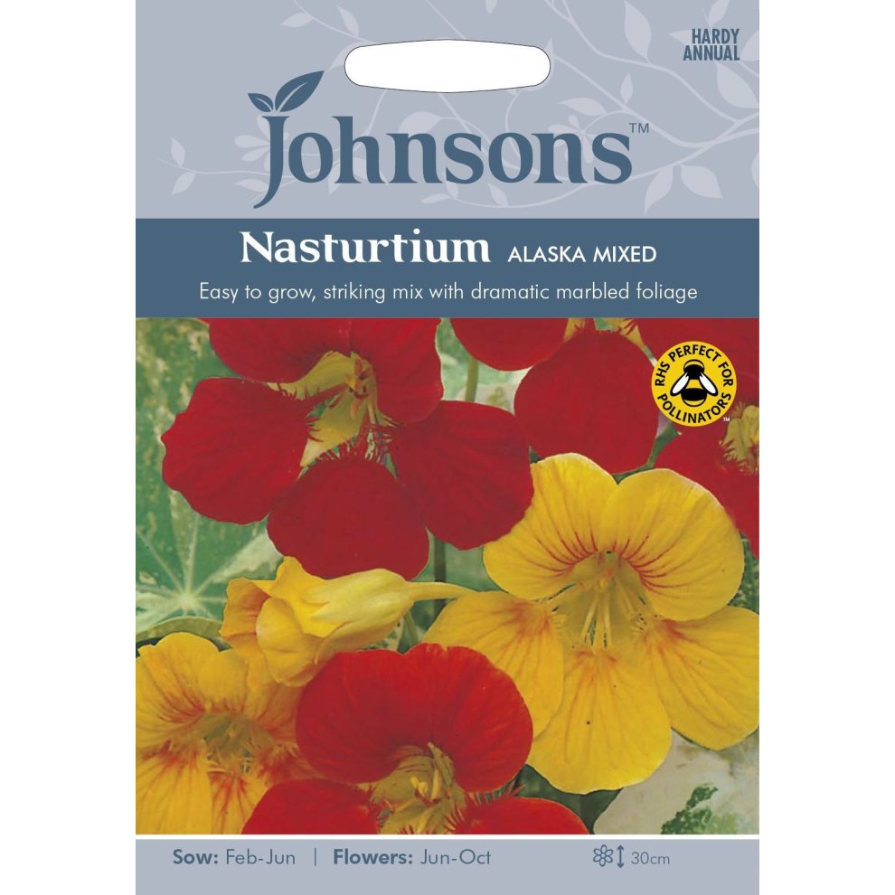 Packaged seeds for Nasturtium Alaska Mixed by Johnsons Seeds, featuring vibrant red, yellow, and orange flowers with marbled foliage, labeled with sowing and flowering details.