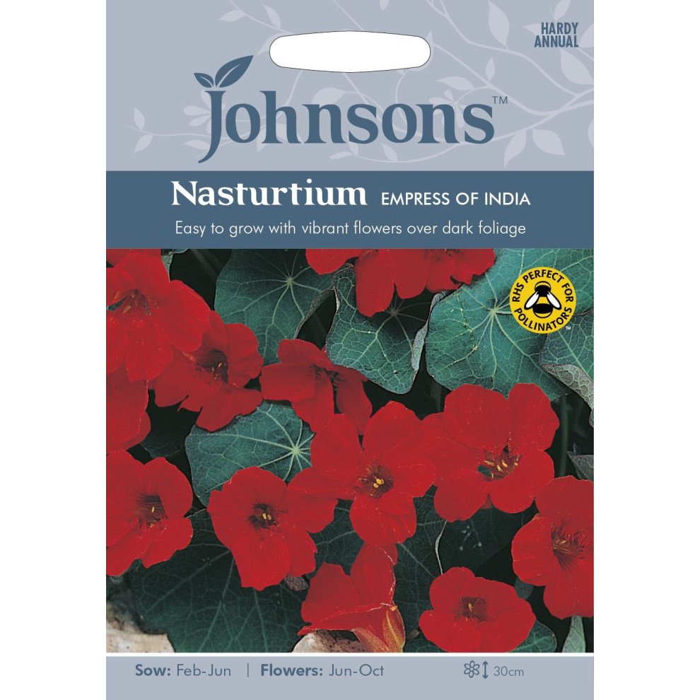 Bright red Nasturtium flowers with dark green foliage on a seed packet labeled "Johnsons Empress of India," featuring sowing and flowering instructions.