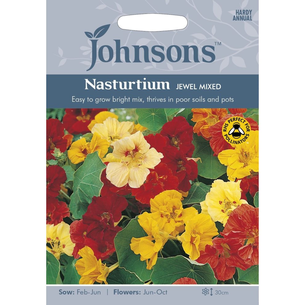 Brightly colored seed packet featuring mixed nasturtium flowers in red, orange, and yellow, with planting instructions and Johnsons branding at the top.