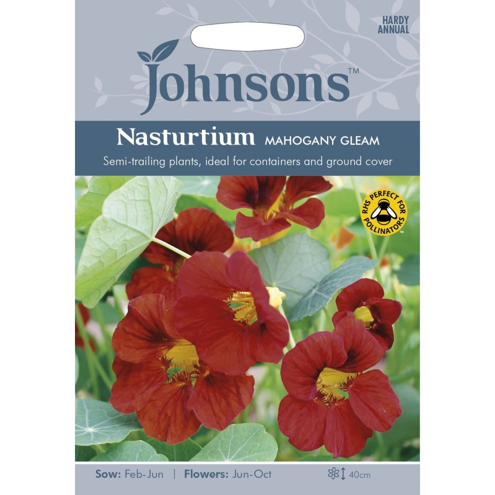 Packaged seeds for Johnsons Nasturtium "Mahogany Gleam," featuring vibrant mahogany-colored flowers, with details on sowing and flowering times on a light blue background.