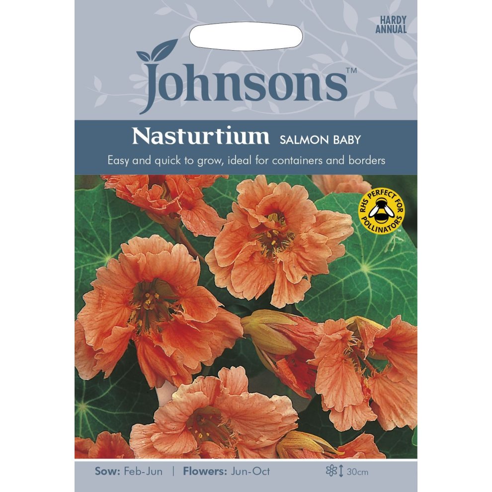 Pictorial seed packet for Johnsons Seeds featuring salmon-colored Nasturtium flowers, green leaves, and details on sowing and flowering times.