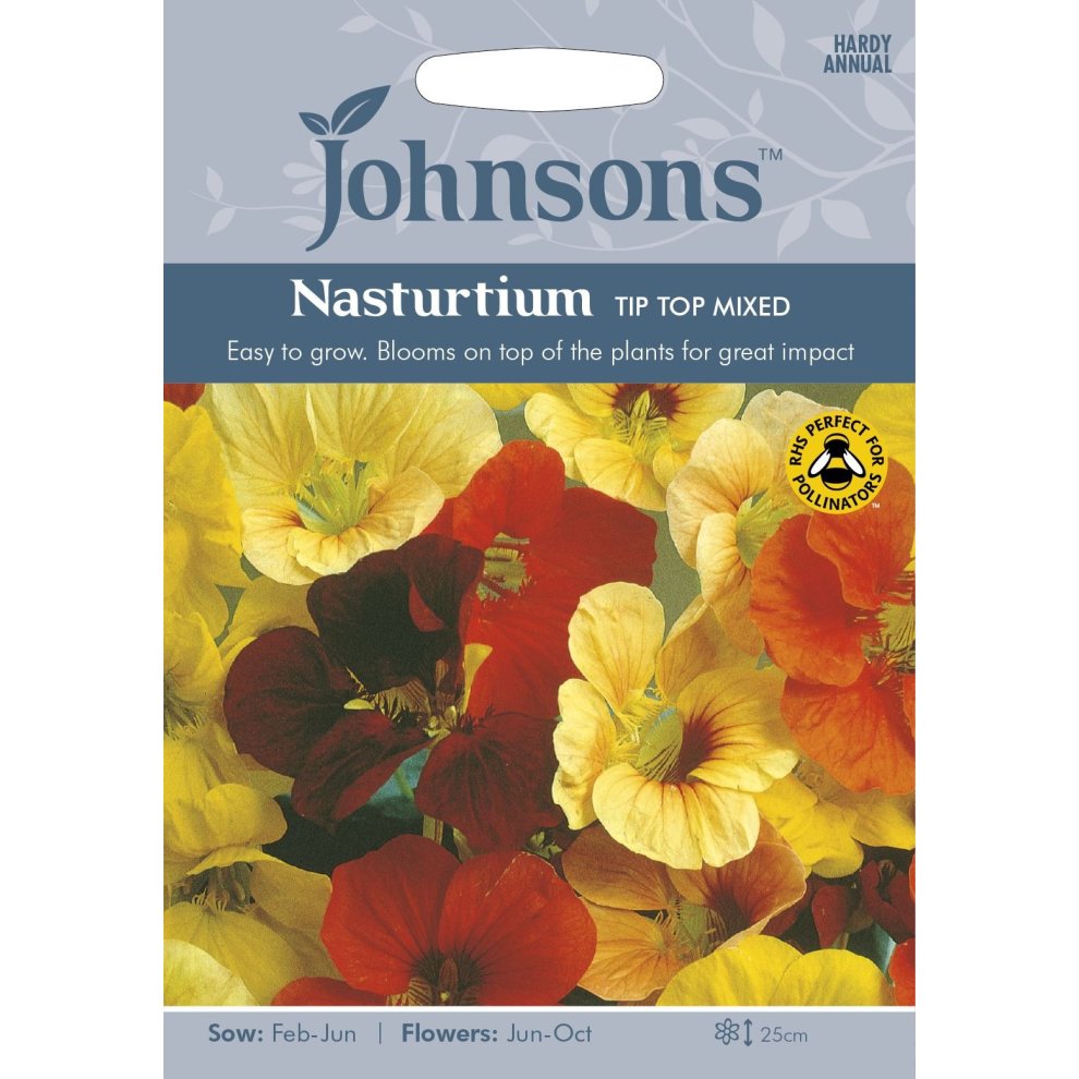 Pack of Johnsons Nasturtium Seeds - Tip Top Mixed, featuring vibrant yellow, orange, and red flower illustrations, with sowing and flowering instructions on a white background.