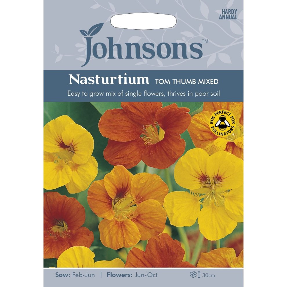 Brightly colored seed packet featuring Nasturtium Tom Thumb Mixed Seeds, showcasing vibrant orange and yellow flowers, with planting details and a pollinator-friendly logo.