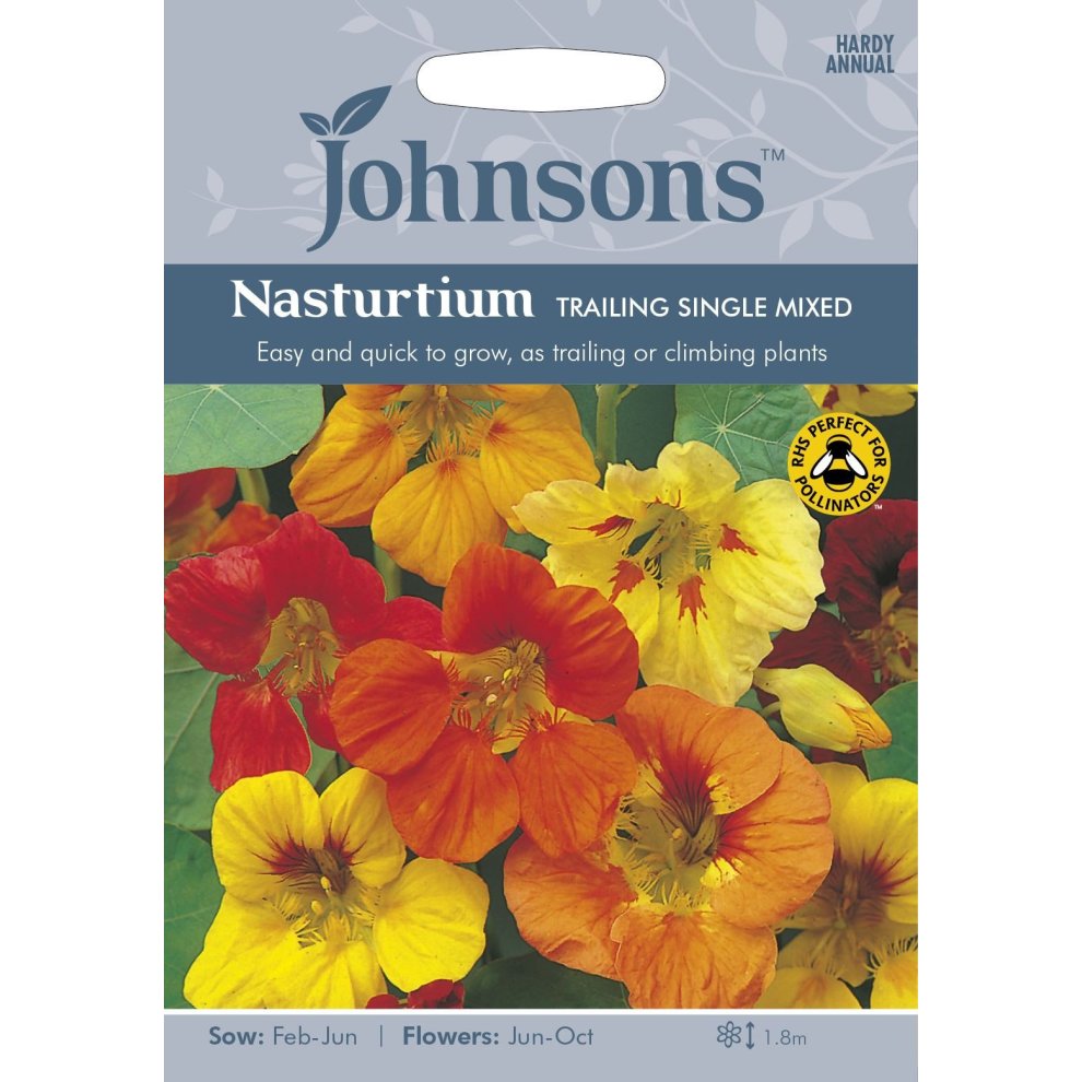 Colorful seed packet featuring Nasturtium Trailing Single Mixed Seeds with vibrant yellow, orange, and red flowers, labeled with sowing and flowering details, and a pollinator-friendly symbol.