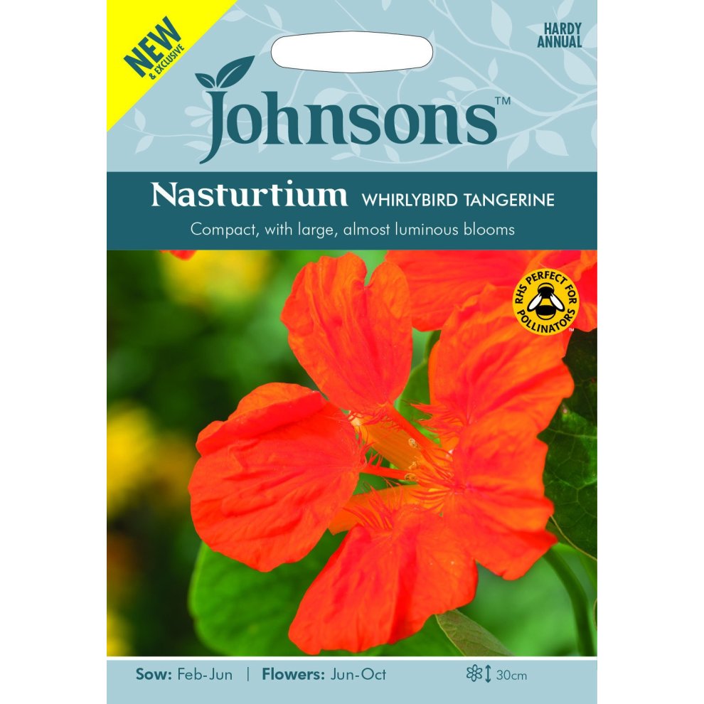 Bright orange Nasturtium Whirlybird Tangerine seeds packet by Johnsons, featuring large, luminous flower images and details about sowing and flowering times.