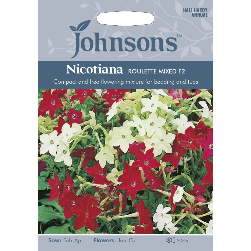 Johnsons Seeds Pictorial Pack features colorful Nicotiana Roulette Mixed F2 flowers in red, white, and pink, with sowing instructions and flowering details on a light blue background.