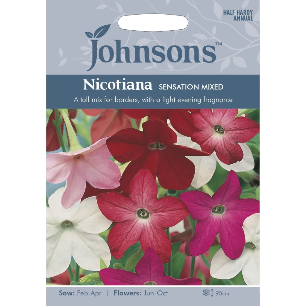 Johnsons Seeds packet featuring Nicotiana Sensation Mixed, showcasing vibrant flowers in red, white, and pink, with planting details and a height of 90cm.