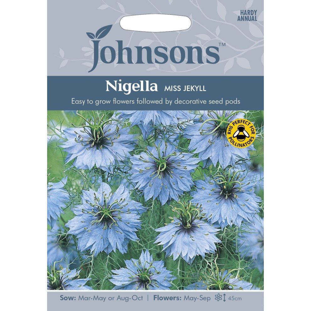Pictorial seed packet featuring blue Nigella flowers with delicate, feathery foliage, labeled "Johnsons" and "Miss Jekyll," highlighting sowing and flowering details.