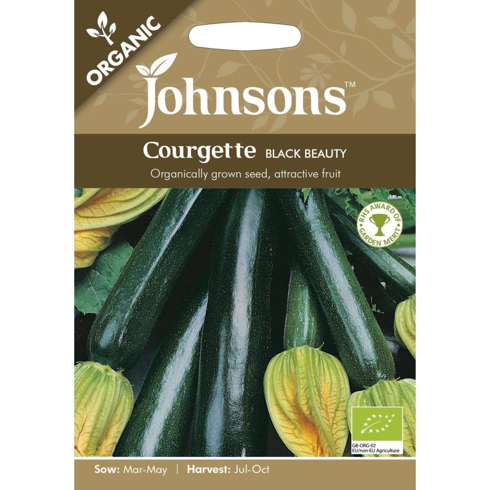Pictorial seed packet for Johnsons Seeds featuring "Courgette Black Beauty," showcasing vibrant green courgettes and yellow flowers, labeled as organic with sowing and harvesting details.