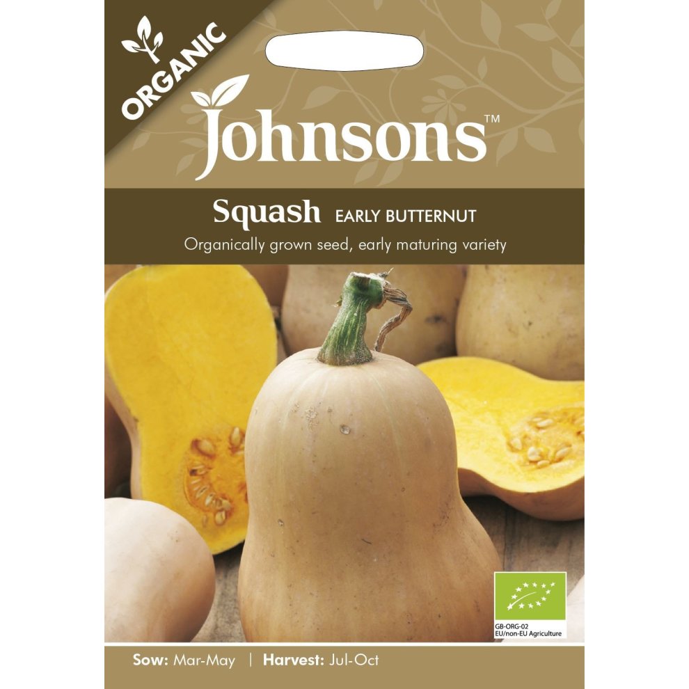 Pictorial seed pack featuring a butternut squash, with a beige background, green accents, and details on organic growing, sowing, and harvesting times.