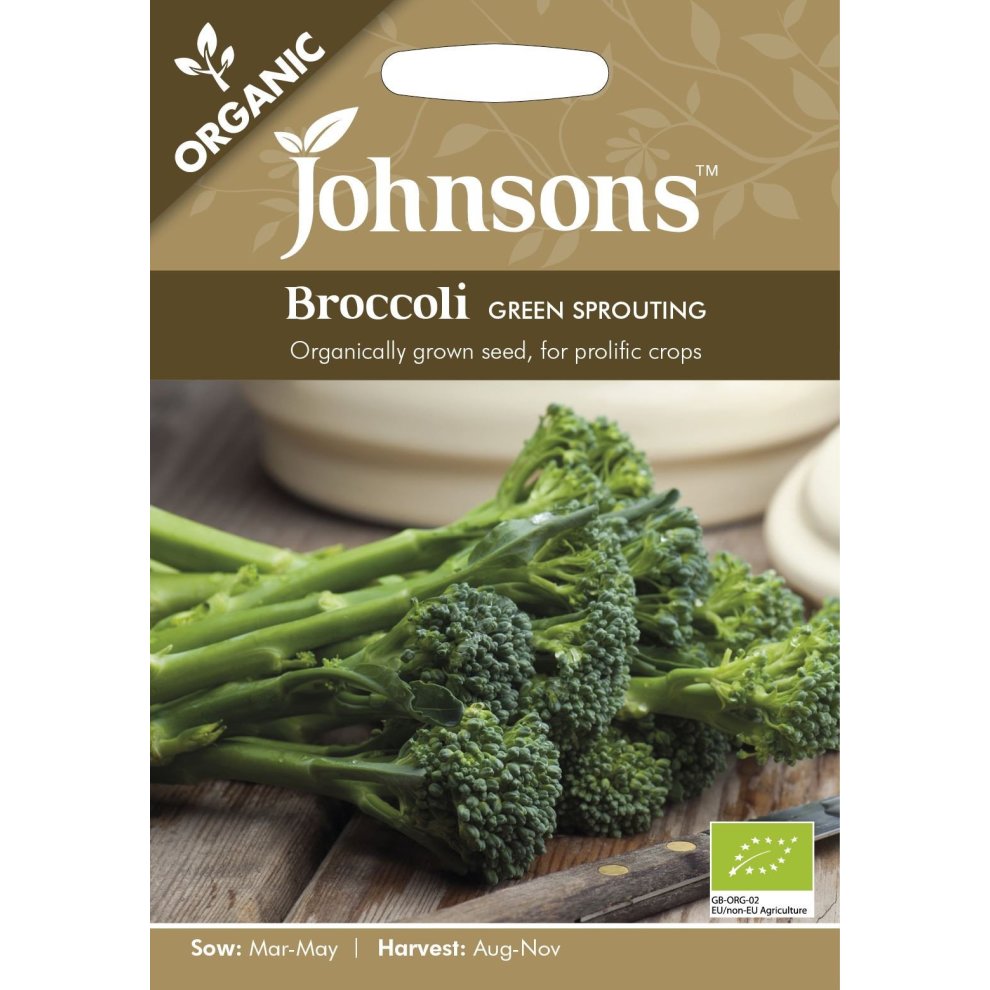 Pictorial seed packet featuring broccoli green sprouting, labeled "ORGANIC," with green broccoli florets and details on sowing and harvesting times.