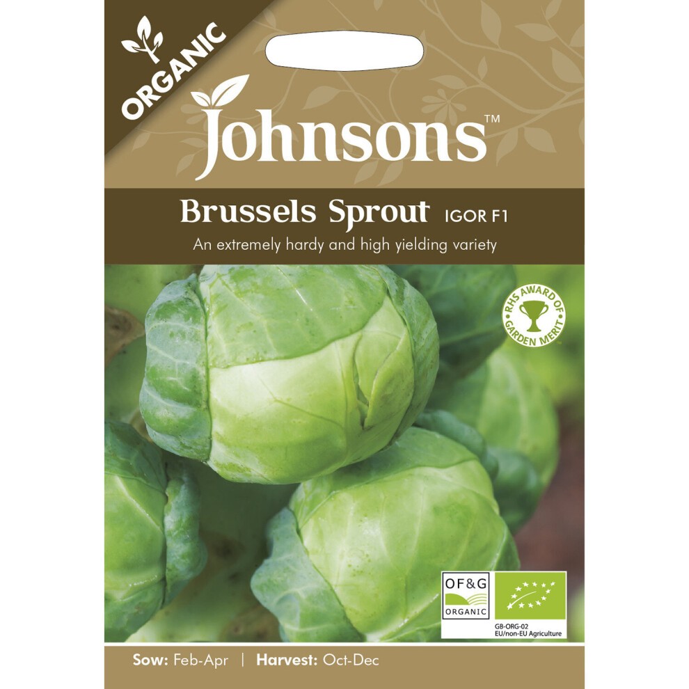 Green Brussels sprout seeds in a seed packet, featuring a close-up of the sprouts, with the Johnsons logo and text highlighting organic and high-yielding variety details.
